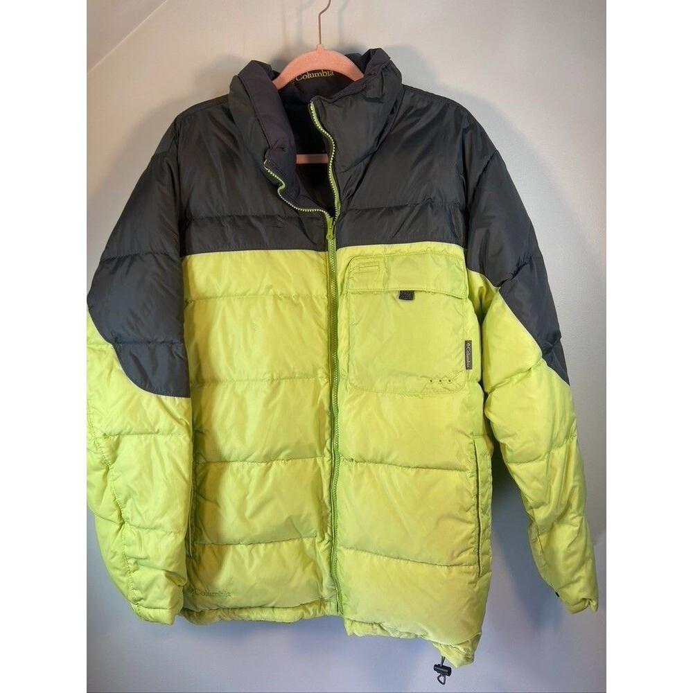 COLUMBIA MENS LARGE GOOSE DOWN PUFFER JACKET REVERSABLE YELLOW / GRAY